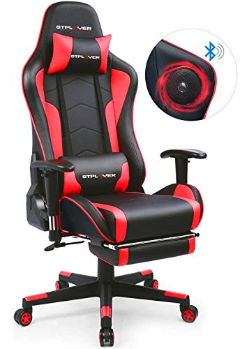 GTPLAYER Silla Gaming con Altavoz Bluetooth Reposapies Escritorio Oficina Gamer Ergonomica con Cojín Reposabrazos 3D Ajustables Respaldo Reclinable Multifuncional Rojo