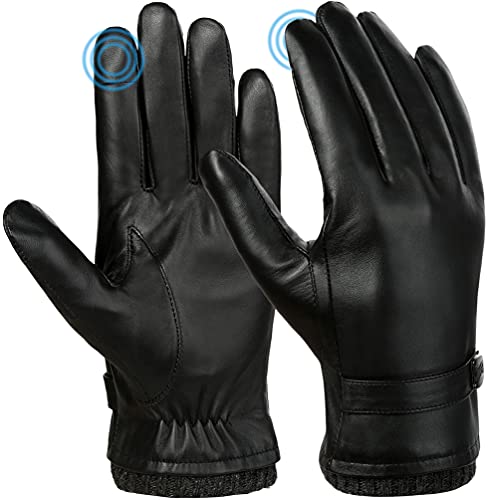 Guantes de cuero para hombre con pantalla táctil - Invierno Impermeable Forro polar Cálido para trabajo deportivo A prueba de viento Manoplas térmicas antideslizantes para exteriores Negro M