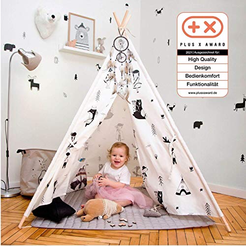 Hakuna Matte Tienda Tipi Infantil con Elegante Diseño Escandinavo- Tipis para Niños Tienda de Juegos Alfombra Acolchada, Atrapasueños, Bolsa de Viaje - 100% Algodón y Postes de Pino, Certificado EN71