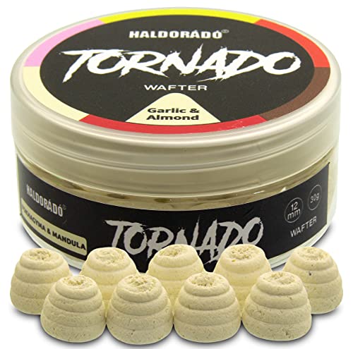 Haldorado Tornado Wafter Pellet Boilie Bait para Pesca de Carpa, Forma Especial, 100% Biodegradable, 12 mm de Ancho y 11 mm de Largo, Ajo y Almendras