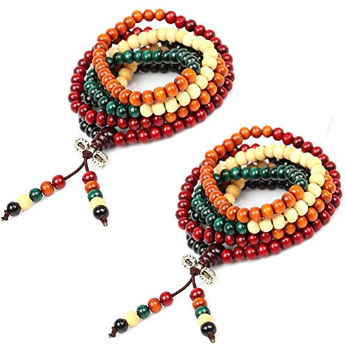 Hantier 2 Pack 8mm Multicolor Tibetano 108 Cuentas Buda Budista Collar Pulsera, Pulsera budista de Los Granos Del Rezo Del Sándalo, Meditación Collar de Piedra