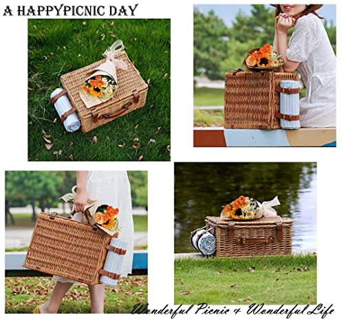 HappyPicnic - Juego de cestas de picnic de mimbre para 4 personas | Cesta grande de sauce con gran compartimento refrigerante aislante, manta impermeable y cubiertos