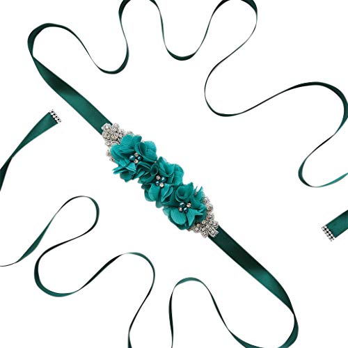 Haptian Para Mujer Elegante de Tres Flores Sash Rhinestone con Cuentas Cintura Nupcial Cinta Cummerbunds Vestido de Boda Cinturón de Cintura(Verde-Total Longitud: 270cm/106.30in-1trozo)