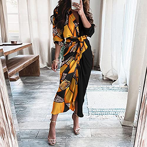 HarryHyar Mujer Vestido Casual Manga Larga Wrap Vestido Maxi Floral Impreso Vestido Largo Gowns Belt Cintura Alta Shirt Vestido Orange L