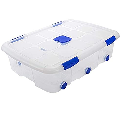 HegaHogar - Pack de 2 cajas de almacenaje, de 20 x 77 x 57 cm, nº 14, con capacidad de 56 litros con tapa y ruedas para organización del hogar, baúl organizador(20 x 77 x 57 cm, Pack de 2)