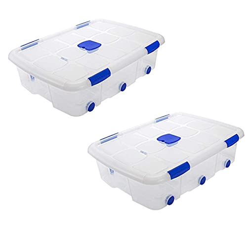 HegaHogar - Pack de 2 cajas de almacenaje, de 20 x 77 x 57 cm, nº 14, con capacidad de 56 litros con tapa y ruedas para organización del hogar, baúl organizador(20 x 77 x 57 cm, Pack de 2)