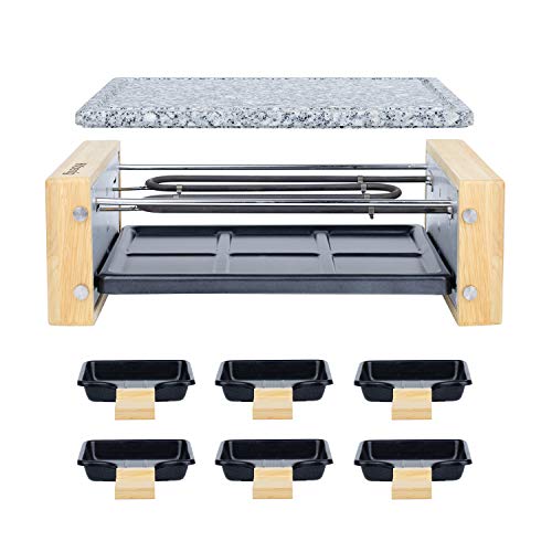 H.Koenig WOD6 Raclette 6 Personas, Plancha De Piedra, 900 W, Acero Inoxidable, Madera Natural, 6 Sartenes Antiadherentes, 5.3 tons