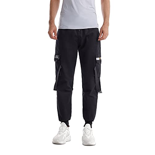 Hombres Pantalones de Carga,Pantalón Cargo Casuales,Pantalones de Hip Hop,Pantalones de Combate Holgados, Pantalone de Trabajo,Pants Sueltos Ocasionales (Negro Plus, L)