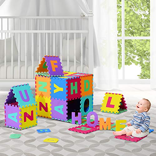 HOMCOM 26 Piezas Alfombra Puzzle para Niños 31x31 cm Colchoneta Suave 2,41 m² Juego Rompecabezas 26 Letras para Bebé Espuma EVA Lavable Colorido