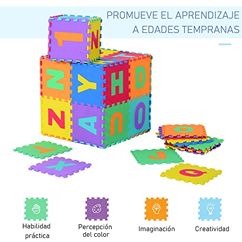 HOMCOM 26 Piezas Alfombra Puzzle para Niños 31x31 cm Colchoneta Suave 2,41 m² Juego Rompecabezas 26 Letras para Bebé Espuma EVA Lavable Colorido