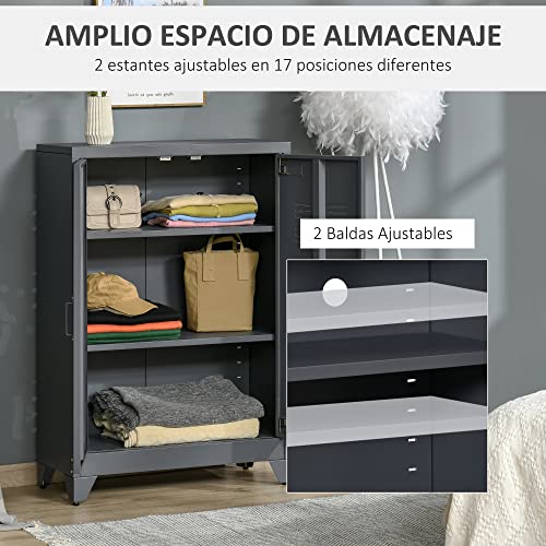 HOMCOM Armario Metálico de Almacenamiento con Doble Puerta de Bisagras y 2 Baldas Ajustables Multiusos para Oficina Salón Dormitorio 75x33x110 cm Gris