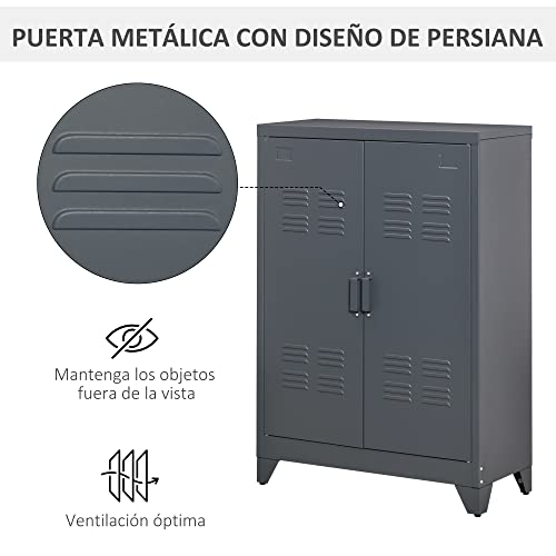 HOMCOM Armario Metálico de Almacenamiento con Doble Puerta de Bisagras y 2 Baldas Ajustables Multiusos para Oficina Salón Dormitorio 75x33x110 cm Gris