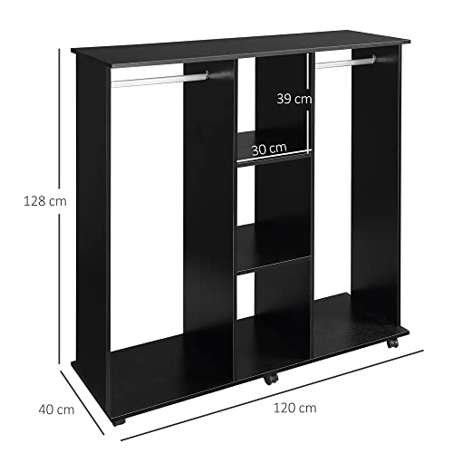 HOMCOM Armario Ropero Madera Móvil Armario Abierto Guardarropa con Doble Riel 3 Estantes Organizador para Colgar Ropa de Dormitorio 120x40x128cm Negro