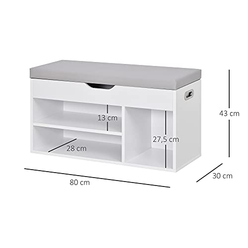 HOMCOM Armario Zapatero para Almacenamiento Banco de Zapatero con Asiento Estantes Cajón y Cojín Dos Niveles para Entrada y Recibidores Moderno Carga MAX 120kg 80x30x43cm Blanco