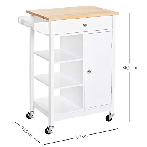 HOMCOM Carrito de Cocina Carro de Servicio Multifuncional con 1 Cajón 1 Armario 3 Estantes Abiertos para Almacenamiento 66x39,5x86,5 cm Blanco