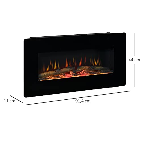 HOMCOM Chimenea Eléctrica de Pared 1800-2000W con Mando a Distancia Llama Simulada con Brillo Regulable Termostato y Temporizador para Salas de 30 m² 91,4x11x44 cm Negro