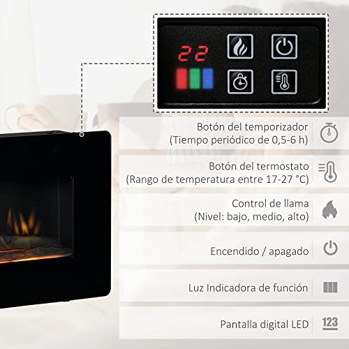 HOMCOM Chimenea Eléctrica de Pared 1800-2000W con Mando a Distancia Llama Simulada con Brillo Regulable Termostato y Temporizador para Salas de 30 m² 91,4x11x44 cm Negro