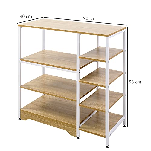 HOMCOM Estante de Cocina Estantería para Microondas Horno Multiusos con 7 Estantes de Almacenamiento para Utensilios Libros Plantas 90x40x95 cm Madera Natural