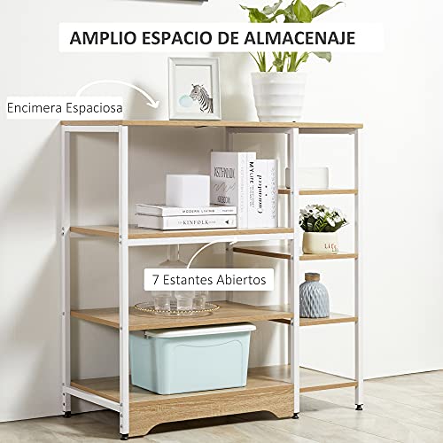 HOMCOM Estante de Cocina Estantería para Microondas Horno Multiusos con 7 Estantes de Almacenamiento para Utensilios Libros Plantas 90x40x95 cm Madera Natural