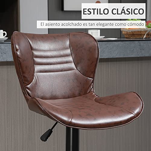 HOMCOM Juego de 2 Taburetes de Bar Tapizado en Cuero Sintético Taburetes Altos de Comedor Regulable en Altura Giratorio con Respaldo y Reposapiés 46,5x54x88-108 cm Marrón