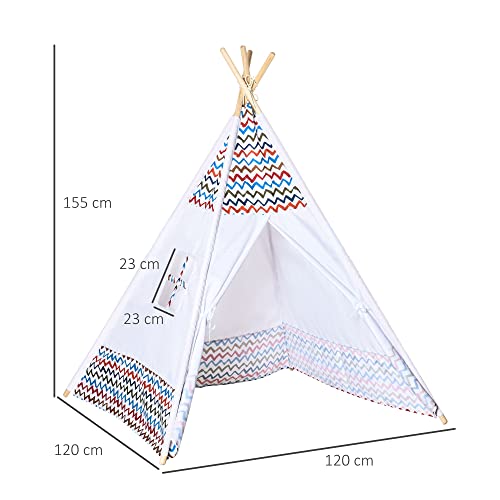 HOMCOM Tienda de Campaña para Niños de +3 Años Tipi Infantil de Madera Portátil con Ventana Colchoneta y Bolsa de Transporte para Interiores y Exteriores 120x120x155 cm Blanco