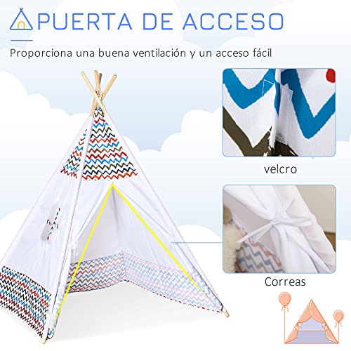 HOMCOM Tienda de Campaña para Niños de +3 Años Tipi Infantil de Madera Portátil con Ventana Colchoneta y Bolsa de Transporte para Interiores y Exteriores 120x120x155 cm Blanco