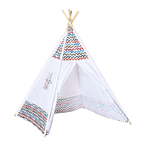 HOMCOM Tienda de Campaña para Niños de +3 Años Tipi Infantil de Madera Portátil con Ventana Colchoneta y Bolsa de Transporte para Interiores y Exteriores 120x120x155 cm Blanco