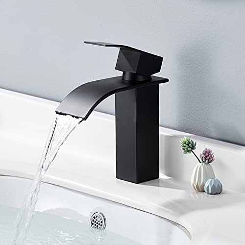 HOMELODY Grifo Lavabo Cascada Grifo de Lavabo Negro Grifo Baño,Mezclador Monomando Lavabo con Válvula De Cerámica,Agua Caliente y Fría Ajustable,Grifo Monomando Ruido Bajo