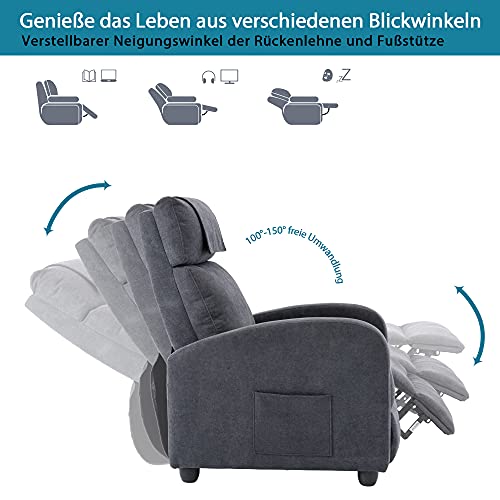 HOMOPIV Sillón Relax, Sillon Relax reclinable, Butaca Tapizada Ergonómica con Función Masaje Y Reposapiés, Reclinación Manual hasta 150°, Compacto, Tela, Gris