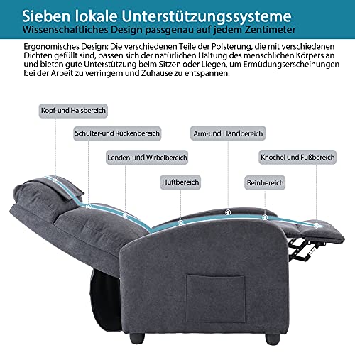 HOMOPIV Sillón Relax, Sillon Relax reclinable, Butaca Tapizada Ergonómica con Función Masaje Y Reposapiés, Reclinación Manual hasta 150°, Compacto, Tela, Gris