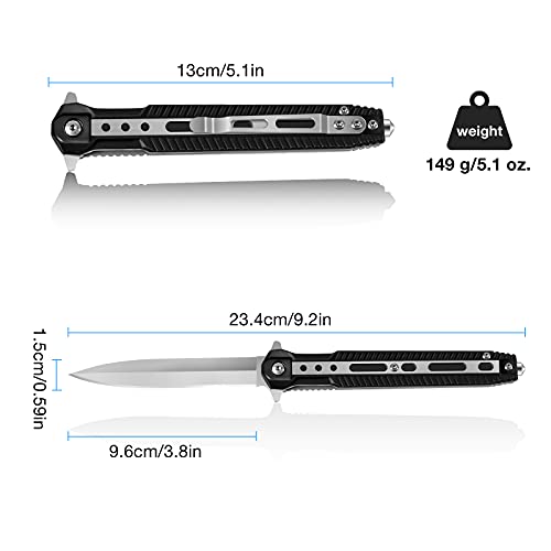 HONZIN 2 en 1 Navaja Plegable Multiherramienta 3Cr13 Cuchillo de Bolsillo de Acero Inoxidable Cuchillo Portátil Cuchillo de Rescate con Rompevidrios Mango de Acero Navajas de Bolsillo (Negro)