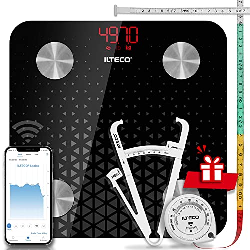 ILTECO Báscula de Baño Grasa Corporal y Muscular Inteligente, Báscula de precisión digital con Tecnología Bluetooth, APP 13 análisis (IMC, Peso Óseo, Masa, Agua etc) conexión Android e iOS | Negro