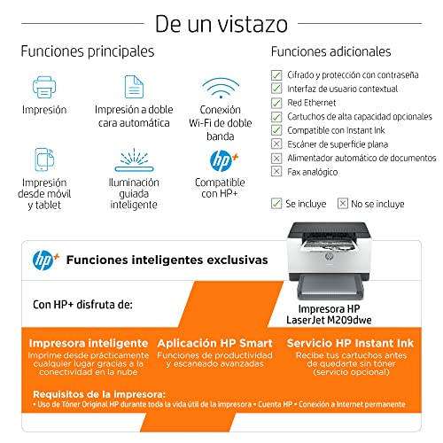 Impresora Monofunción HP LaserJet M209dwe - 6 meses de impresión Instant Ink con HP+