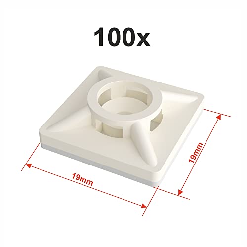 intervisio Juego Soportes Adhesivos para Bridas de Cable 19 mm x 19mm, Clips Adhesivo para las Brida de Plastico, Base de montaje sujetacables autoadhesivos cables, Blanco Natur, 100 Piezas