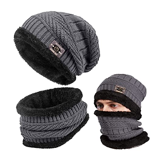 Invierno Beanie Gorro de Punto Sombrero y Cuello Bufanda Gruesa y Suave Forrado Conjunto de 2 Piezas para Hombres Mujeres