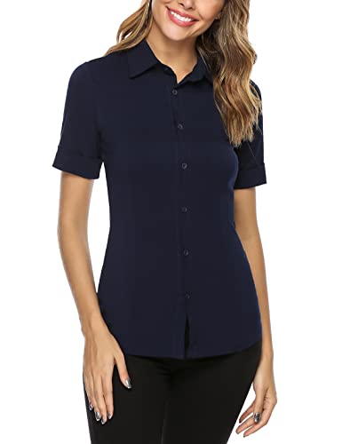 Irevial Camiseta Mujer Verano Camisa Cuello V Elegante Blusa Manga Corta con Botones para Oficina Trabajo Azul Real, L