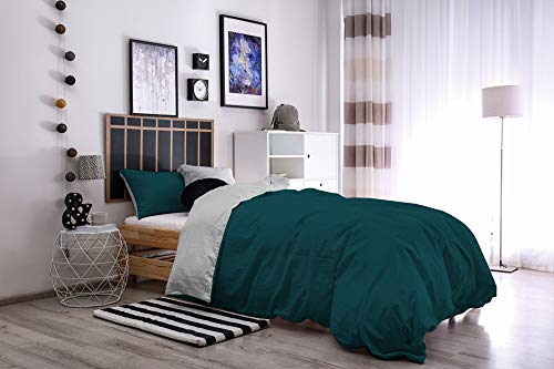 Italian Bed Linen Natural Doble Color y Funda de Almohada, Verde Petroleo/Gris Claro, Sìngolo, 2