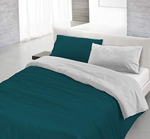 Italian Bed Linen Natural Doble Color y Funda de Almohada, Verde Petroleo/Gris Claro, Sìngolo, 2