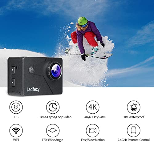 Jadfezy 4K 60fps Cámara Deportiva con EIS Anti-Shake,WiFi y Control Remoto, Action Camera de 24 MP con Zoom 8X, Cámara subacuática de 30M Equipada con Dos Baterías de 1500 mAh y 25 Accesorios (4K)