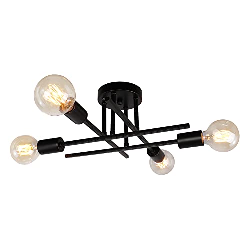 JHLBYL Lamparas de Techo Moderna de Montaje Semi Empotrado de Metal Negro Lámpara Colgante de 4 Luces con Base E27 Lámpara de Araña Vintage Para Sala de Estar, Cocina, Comedor, Dormitorio