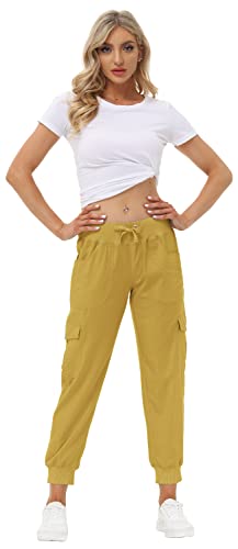 JINSHI Pantalones Mujer Cargo Pantalón Largo Trabajo Pant Deportivo Jogger Cintura Alta con Bolsillos Amarillo Pardo M