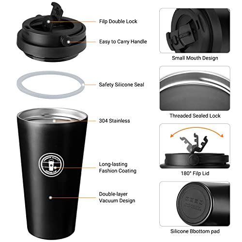 Jovego Termo Taza de Café, 500ml Vaso Termico de Viaje 100% a Prueba de Fugas, Taza de Acero Inoxidable para Beber con Aislamiento de Doble Pared, Tazas Cafe Reutilizable para Niños & Adultos(Negro)