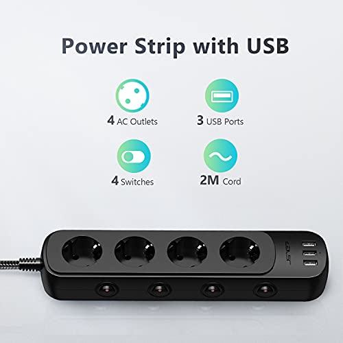 JSVER Regleta Enchufe con USB de 4 Tomas con 3 USB Puertos Alargadera Electrica Protección contra Sobretensiones con Interruptor Individual para el hogar, la Oficina y los ViajesCable 2m Negro