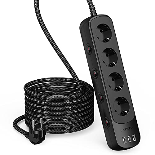 JSVER Regleta Enchufe con USB de 4 Tomas con 3 USB Puertos Alargadera Electrica Protección contra Sobretensiones con Interruptor Individual para el hogar, la Oficina y los ViajesCable 2m Negro