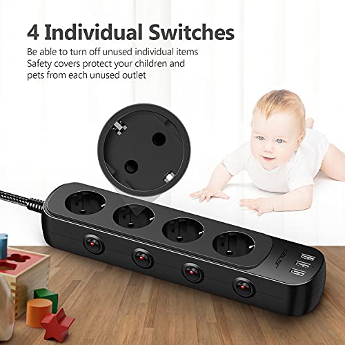 JSVER Regleta Enchufe con USB de 4 Tomas con 3 USB Puertos Alargadera Electrica Protección contra Sobretensiones con Interruptor Individual para el hogar, la Oficina y los ViajesCable 2m Negro