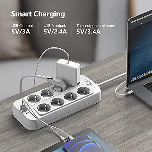 JSVER Regleta Enchufe,Enchufe Alargador con 4 Puertos de USB(3 USB A+1 USB C) y 8 Tomas Proteccion Sobretension Multiple Carga para iPad iPhone Tablets,Cable 2m-Blanco