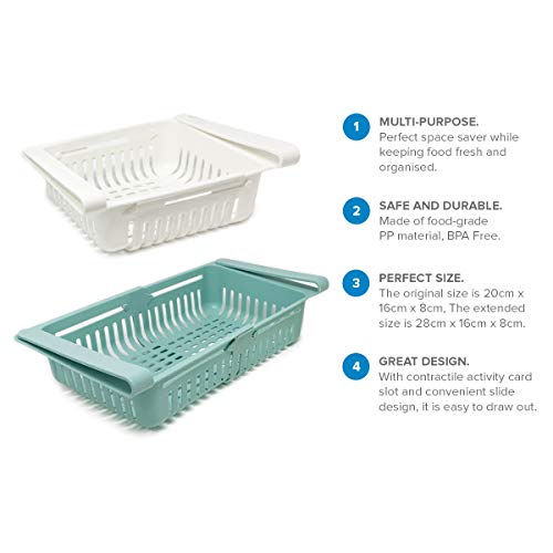 Juego de 2 organizadores nevera organizador cocina | Organizador de cajones de plástico para nevera | Organizador nevera retráctil (azul, blanco)