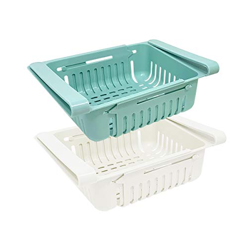 Juego de 2 organizadores nevera organizador cocina | Organizador de cajones de plástico para nevera | Organizador nevera retráctil (azul, blanco)