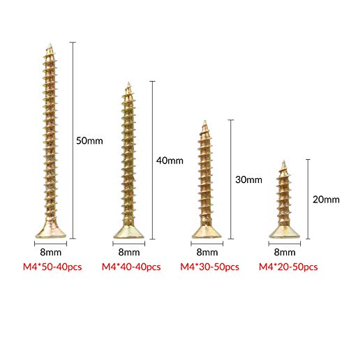 Juego de tornillos para madera autoperforantes de rosca gruesa M4, tornillo autorroscante de cabeza plana galvanizado amarillo, 180 piezas de combinación de tornillos(20mm/30 mm/40 mm/50 mm)