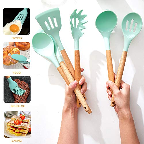 Juego de utensilios de cocina de silicona, 12 utensilios, herramientas de cocina con mangos de madera natural para casa, hogar, apartamento, utensilios de cocina antiadherentes, espátula